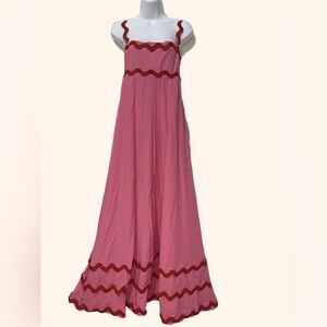 Pink Maxi Dress with Red Trim - Women's Flowing Sundress